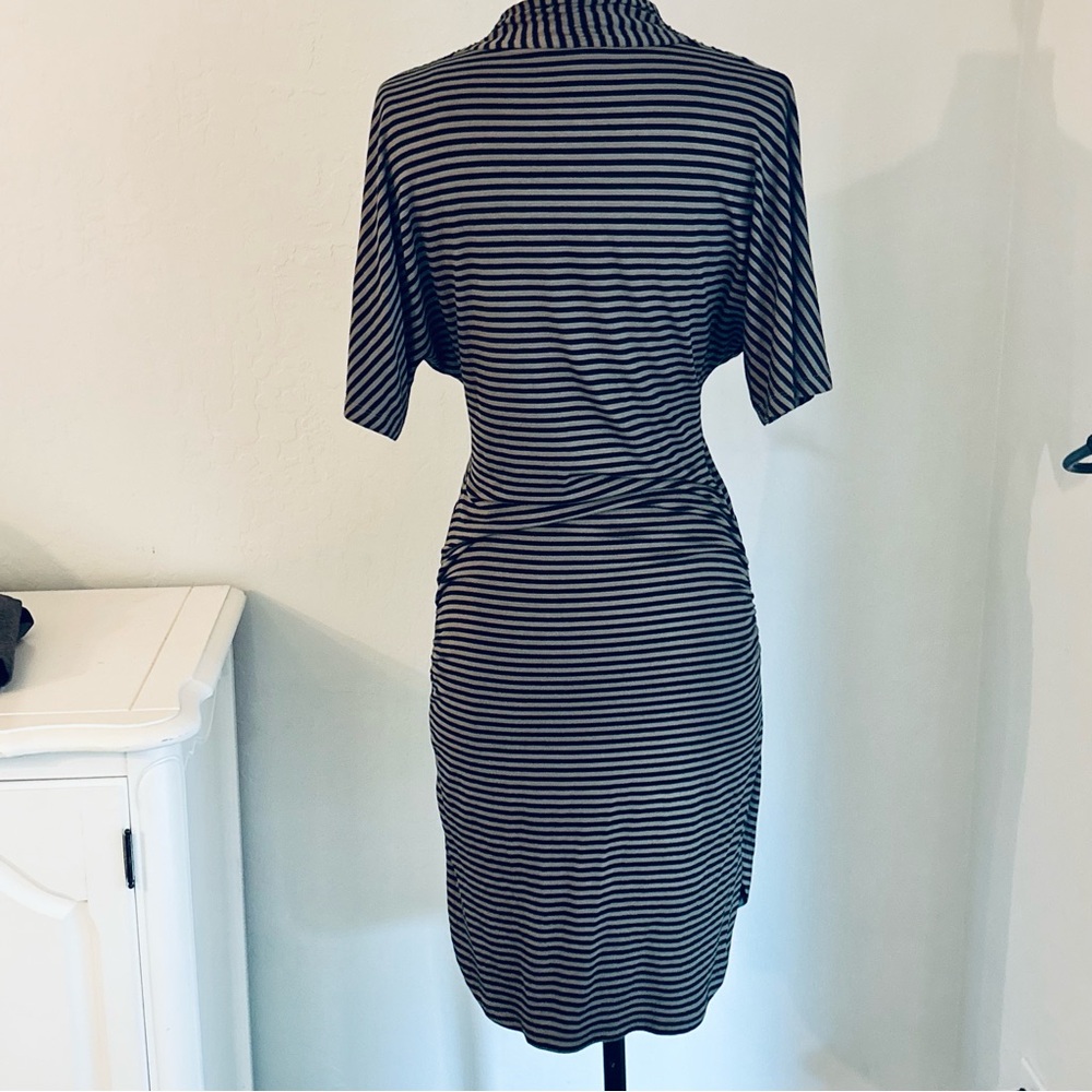 Banana Republic Olive Green Black Stripe Jersey Knit Surplice Shirred Dress - Picture 4 of 9